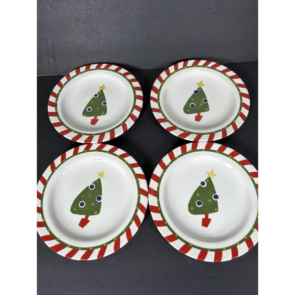 Pier1 Hand-Painted Ironstone China Christmas Tree Plates (4) 8in Holiday